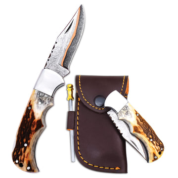 Handmade Copper Damascus Steel Folding Knife 6.5 Inch with Leather Sheath & – Stag andle Pocket Knife – Hunting, Camping, EDC Gift for Men