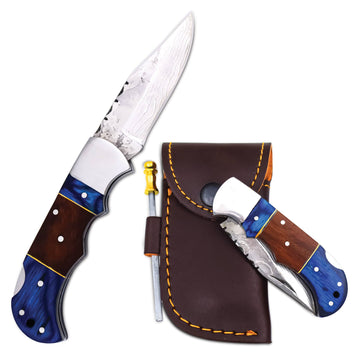 Handmade Damascus Folding Knife for Men with Wood Handle – Handmade Pocket Knife with Leather Sheath