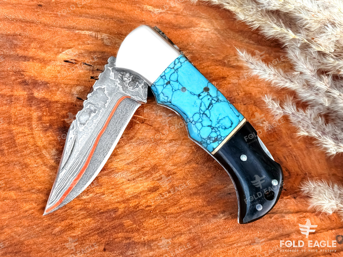 Damascus Steel Folding Pocket Knife – Handmade Copper Damascus Blade, Turquoise & Resin Handle, Hunting Knife for Men,