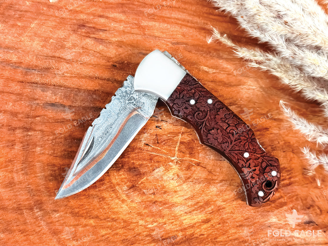 Handmade Damascus Steel Folding Pocket Knife – Copper Pattern Blade, Engraved Wood Handle with Steel Bolster –