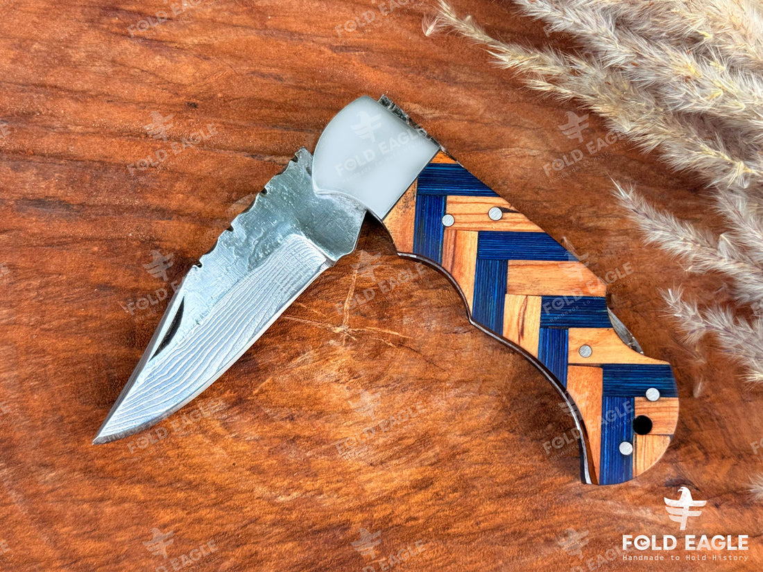 Damascus Folding Pocket Knife with Blue & Olive Wood Handle – Personalized EDC Knife –