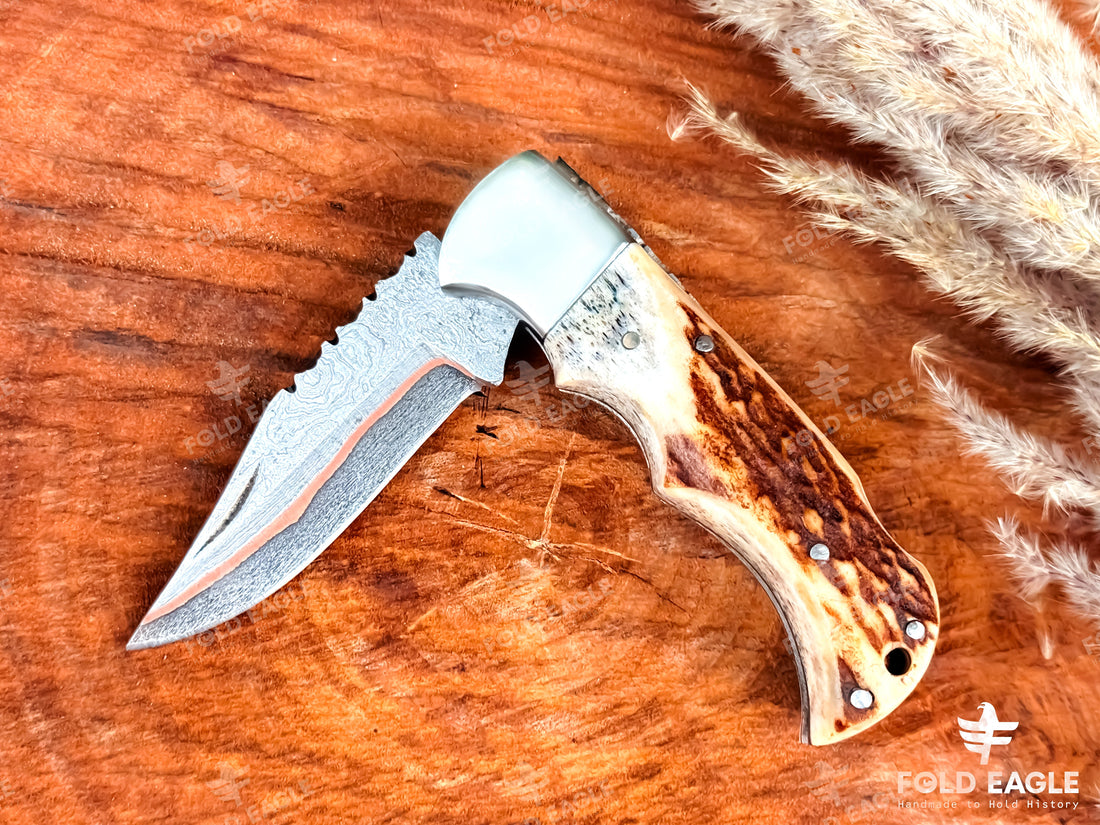 Handmade Copper Damascus Steel Folding Knife 6.5 Inch with Leather Sheath & – Stag andle Pocket Knife – Hunting, Camping, EDC Gift for Men