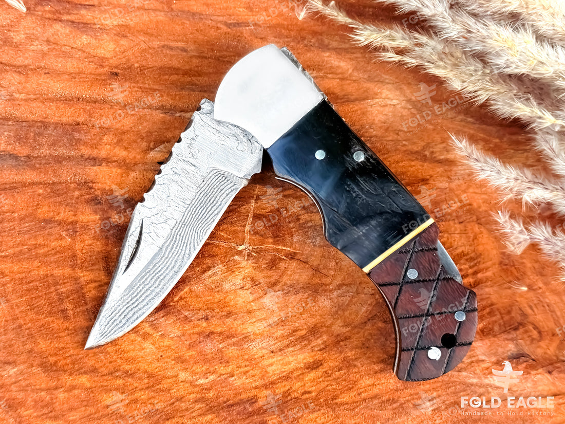 Personalized Copper Damascus Folding Pocket Knife –Gift for Dad, Husband, Boyfriend or Groomsmen – 6.5 with Bullhorn & Rosewood Handle –