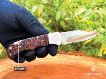 Handmade Damascus Steel Folding Pocket Knife – Copper Pattern Blade, Engraved Wood Handle with Steel Bolster –