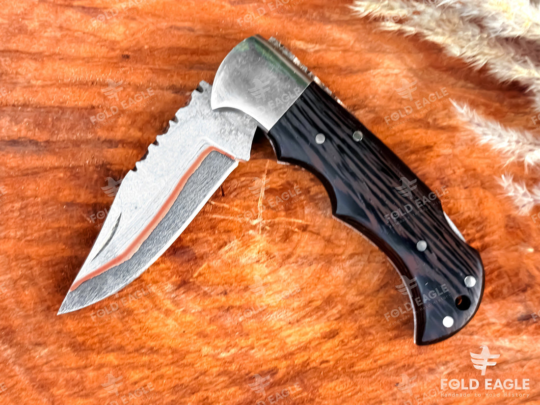 Handmade Copper Damascus Steel Folding Pocket Knife with Wengi Wood Handle, for Camping, Outdoor & Everyday Use