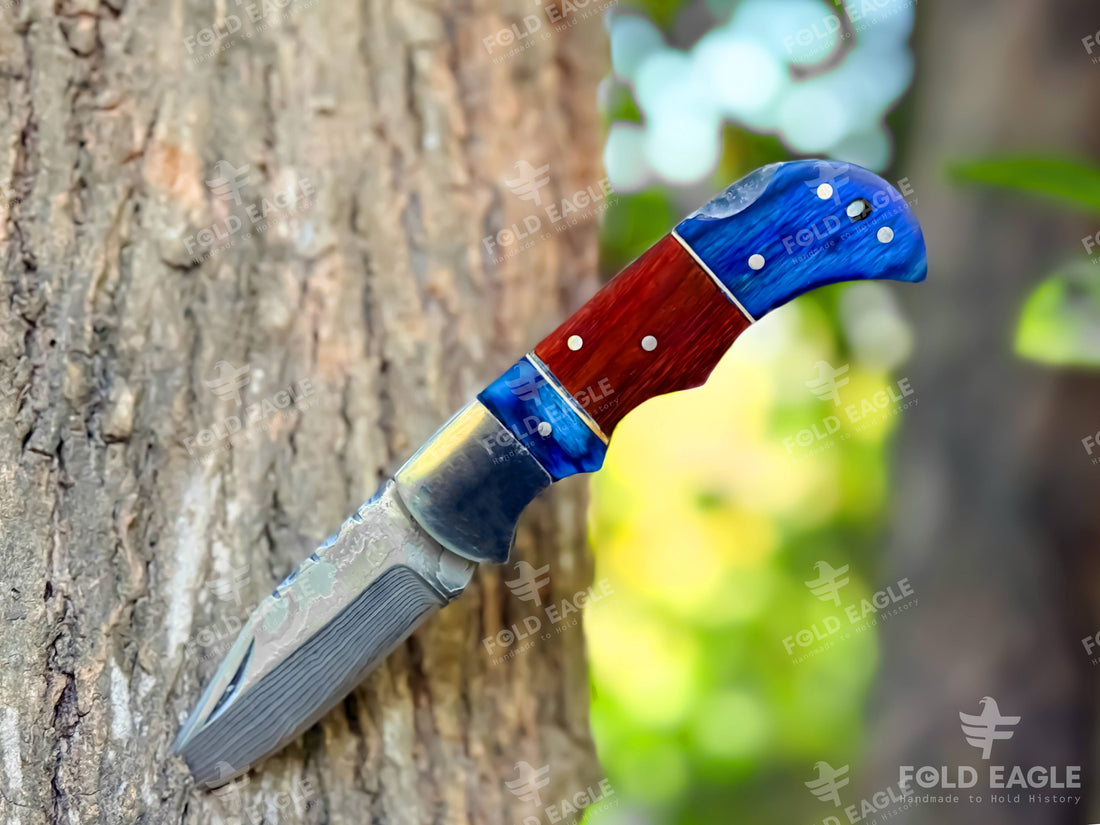 Handmade Damascus Folding Knife for Men with Wood Handle – Handmade Pocket Knife with Leather Sheath