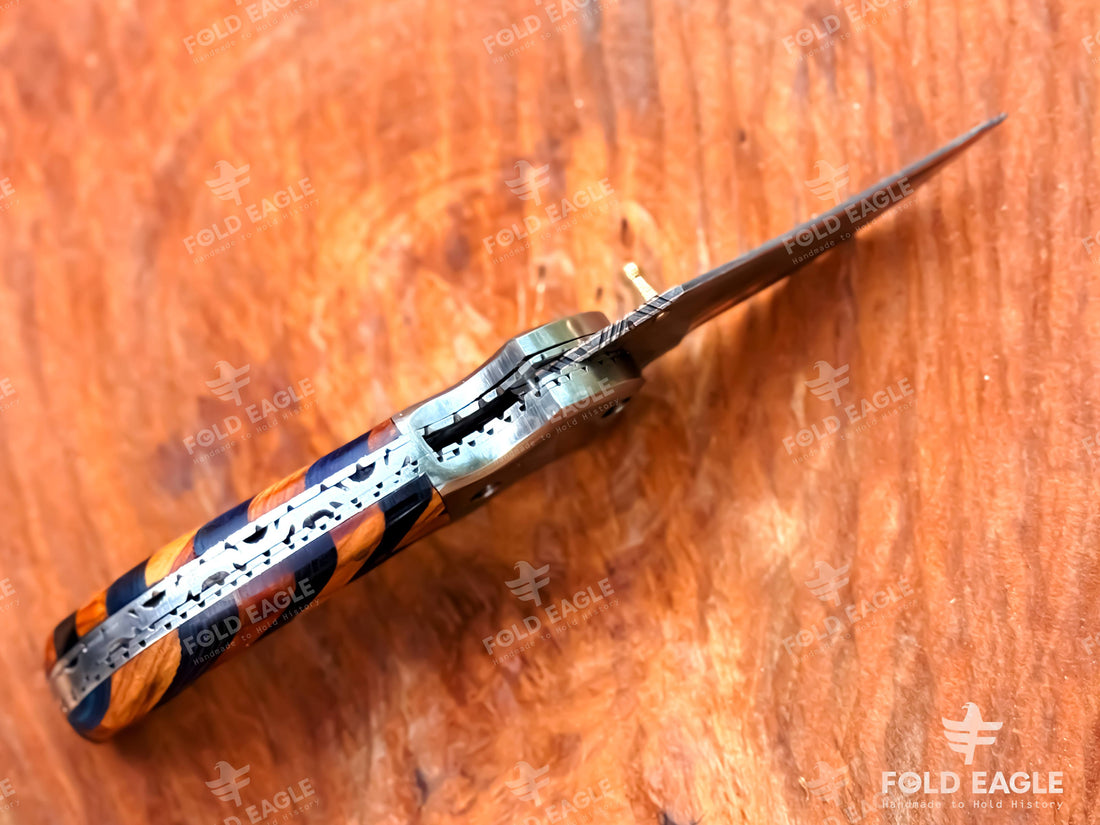 Damascus Folding Pocket Knife with Blue & Olive Wood Handle – Personalized EDC Knife –