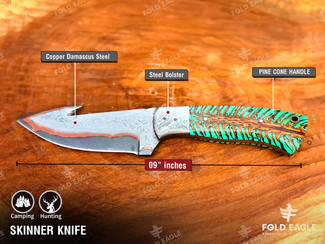 Handmade Skinner Knife with Copper Damascus Steel Blade & Pine Cone Resin Handle – Fixed Blade Hunting Knife with Leather Sheath
