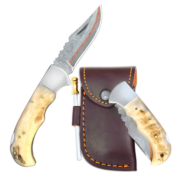 Handmade Copper Damascus Folding Knife with Full Ram Horn Handle 6.5" – Steel Bolster Pocket Knife