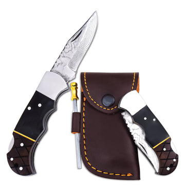 Personalized Copper Damascus Folding Pocket Knife –Gift for Dad, Husband, Boyfriend or Groomsmen – 6.5 with Bullhorn & Rosewood Handle –