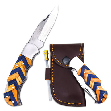 Damascus Folding Pocket Knife with Blue & Olive Wood Handle – Personalized EDC Knife –