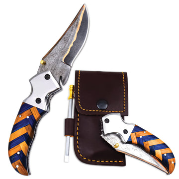 Damascus Folding Pocket Knife with Blue & Olive Wood Handle – Personalized EDC Knife –