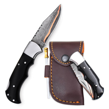 Folding Pocket Knife Gift for Men, Husband, Dad, Brother, Grandpa, Groomsmen – Custom Handmade Knife with Leather Sheath