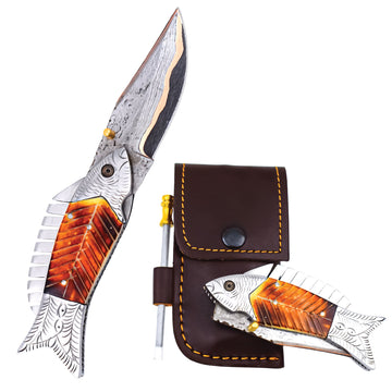 Handmade Damascus Steel Folding Pocket Knife Copper Fish Shape Handle – Genuine Leather Sheath Included – Hunting, Camping & Hiking Gift for Men